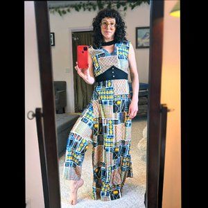 Vintage 70s 2-piece Tunic Empire Waist Dress & Pants - yellow, orange, blue